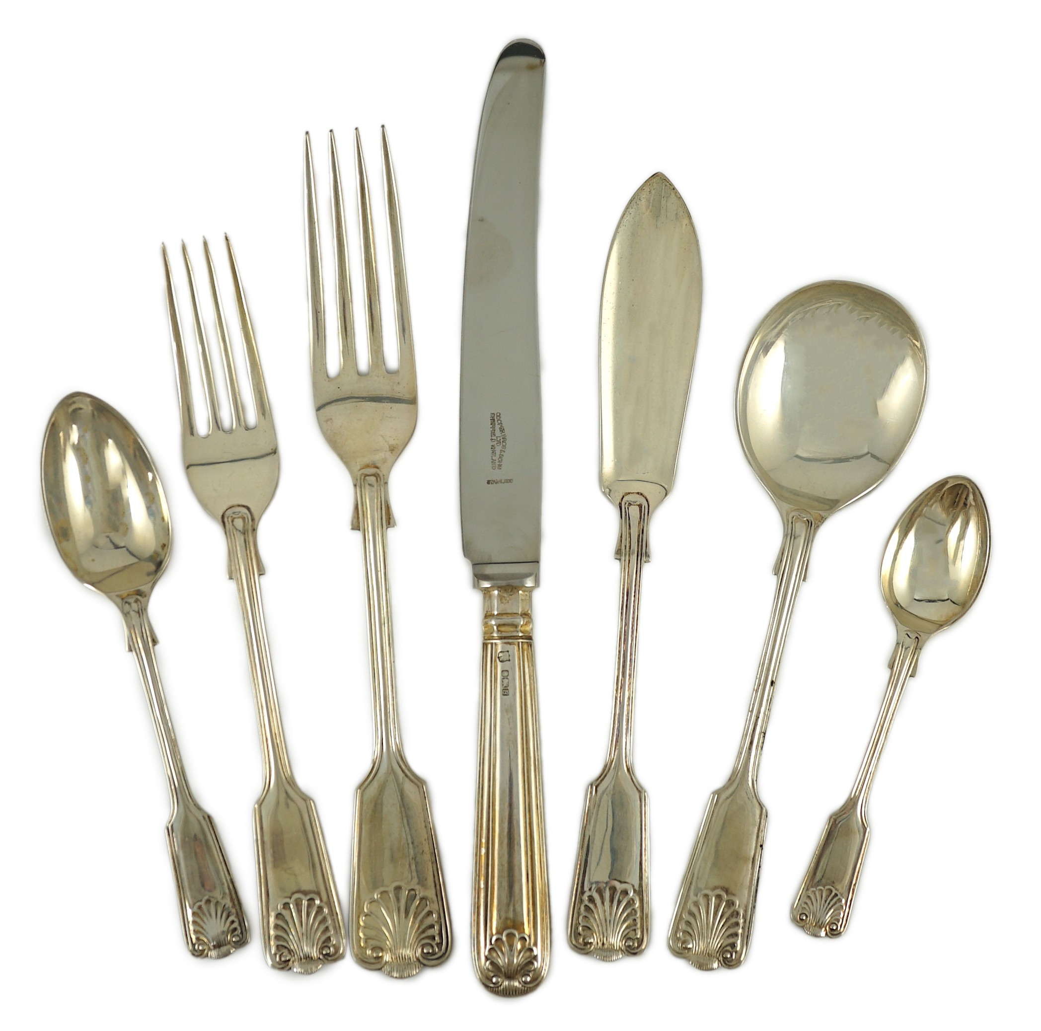 An Elizabeth II canteen of silver fiddle, thread and shell pattern cutlery for eight, by Cooper Brothers & Sons